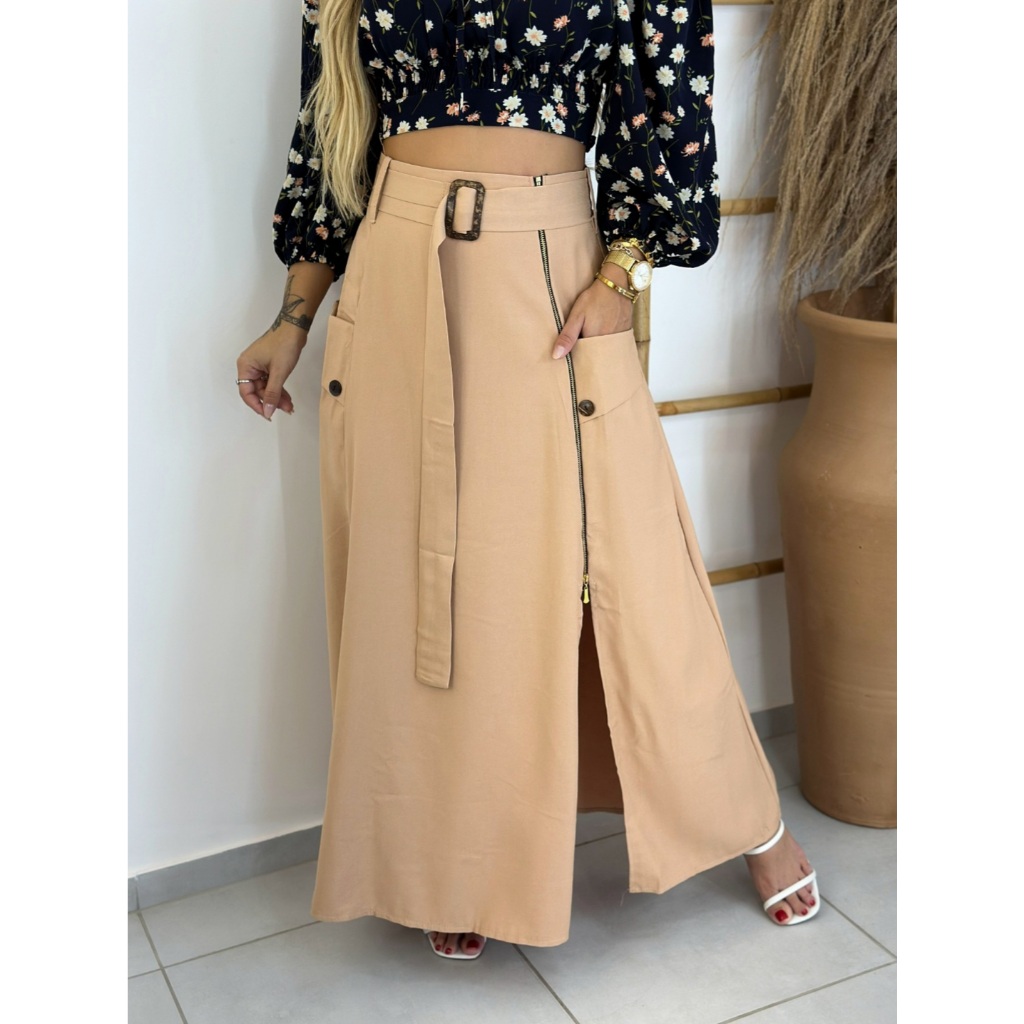 Saia Longa Alfaiataria com Bolso e Ziper na Lateral Sinto Explusivo Tendência 2025 em Oferta na Shopee