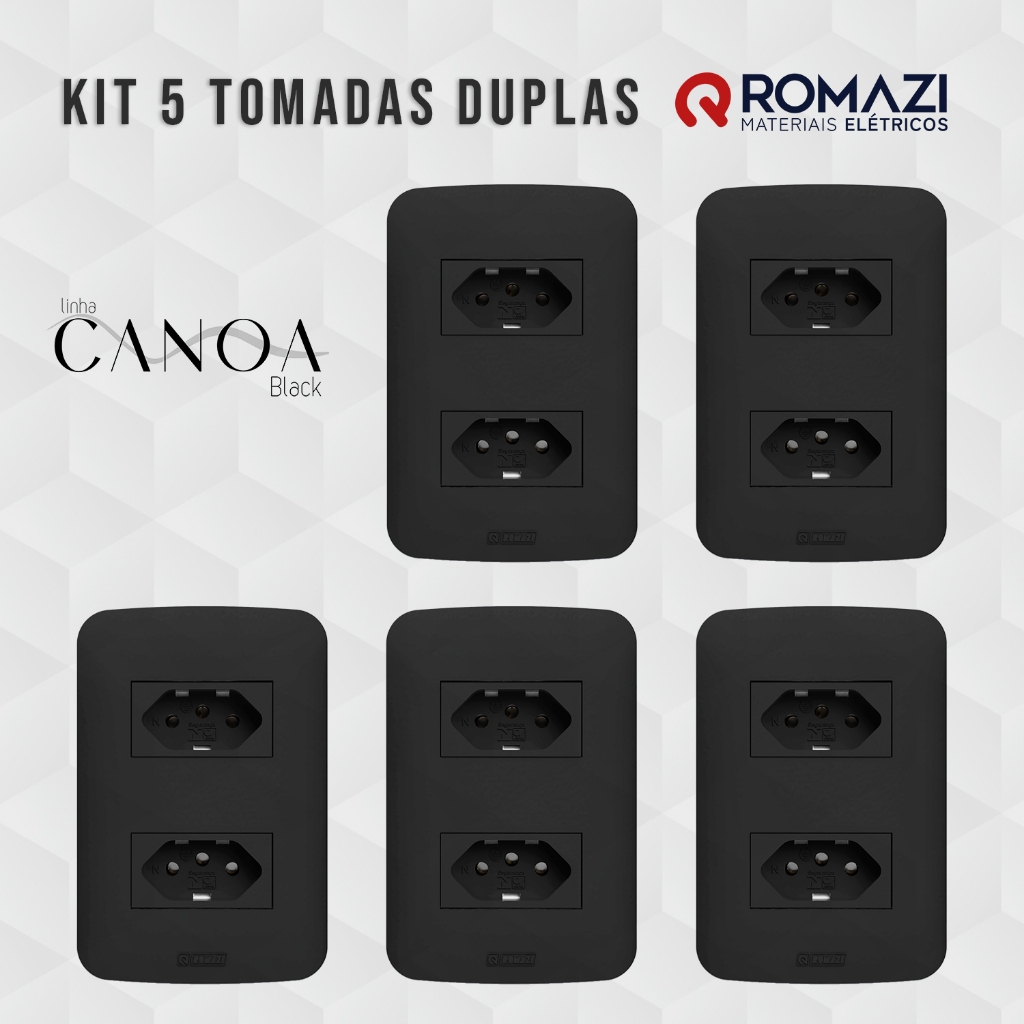 Kit 5 Tomadas Duplas Canoa Black Romazi