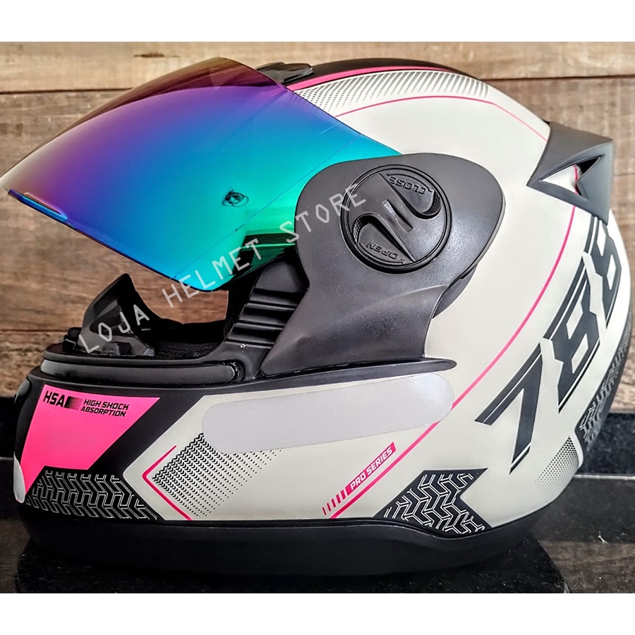 Capacete Feminino Fechado Cor de Rosa com Viseira Esportiva Colorida Camaleão + Narigueira