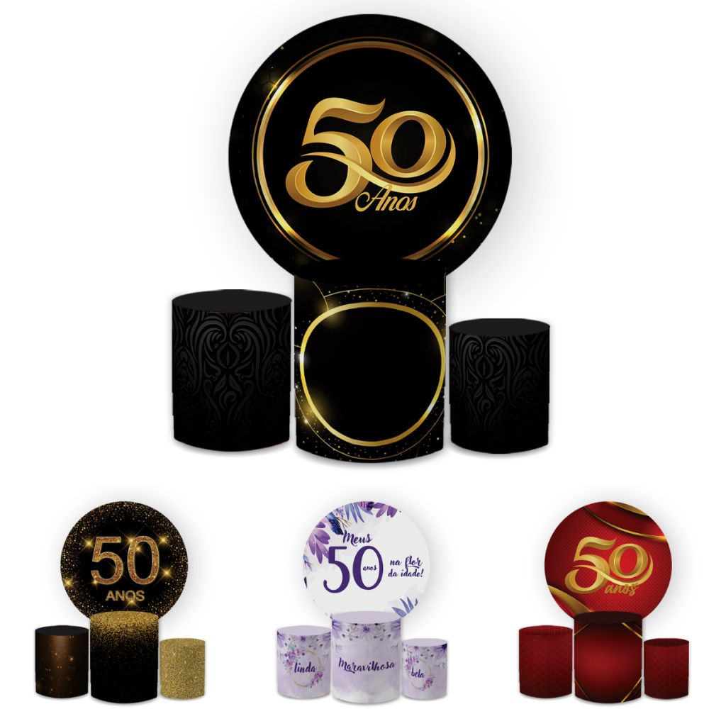 Capa Paineis de Festa Veste Fácil Redondo+ Cilindro Sublimado Malha New Tema 50 Anos Aniversário Decorativo Bibi Paineis