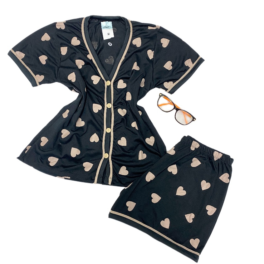 Pijama Americano Adulto Feminino Blogueira Verão Gola V Amamentação  abertura de botões Short doll