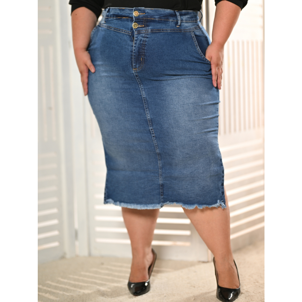 Saia Jeans Midi Plus Size Azul Anagrom com Recorte na perna Ref.249 em Oferta na Shopee