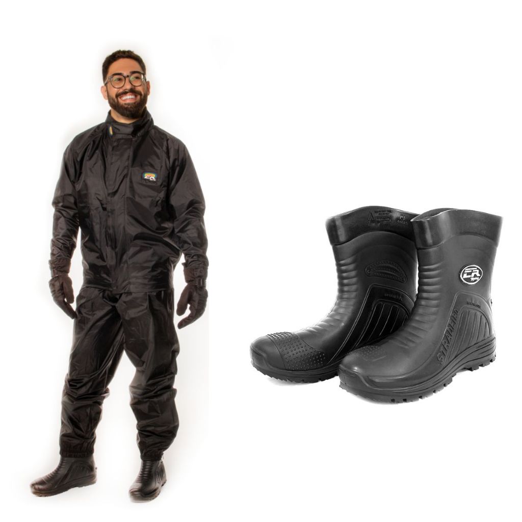 Kit Chuva Preto - Conjunto Nylon Preto + Bota Estradeiro PVC