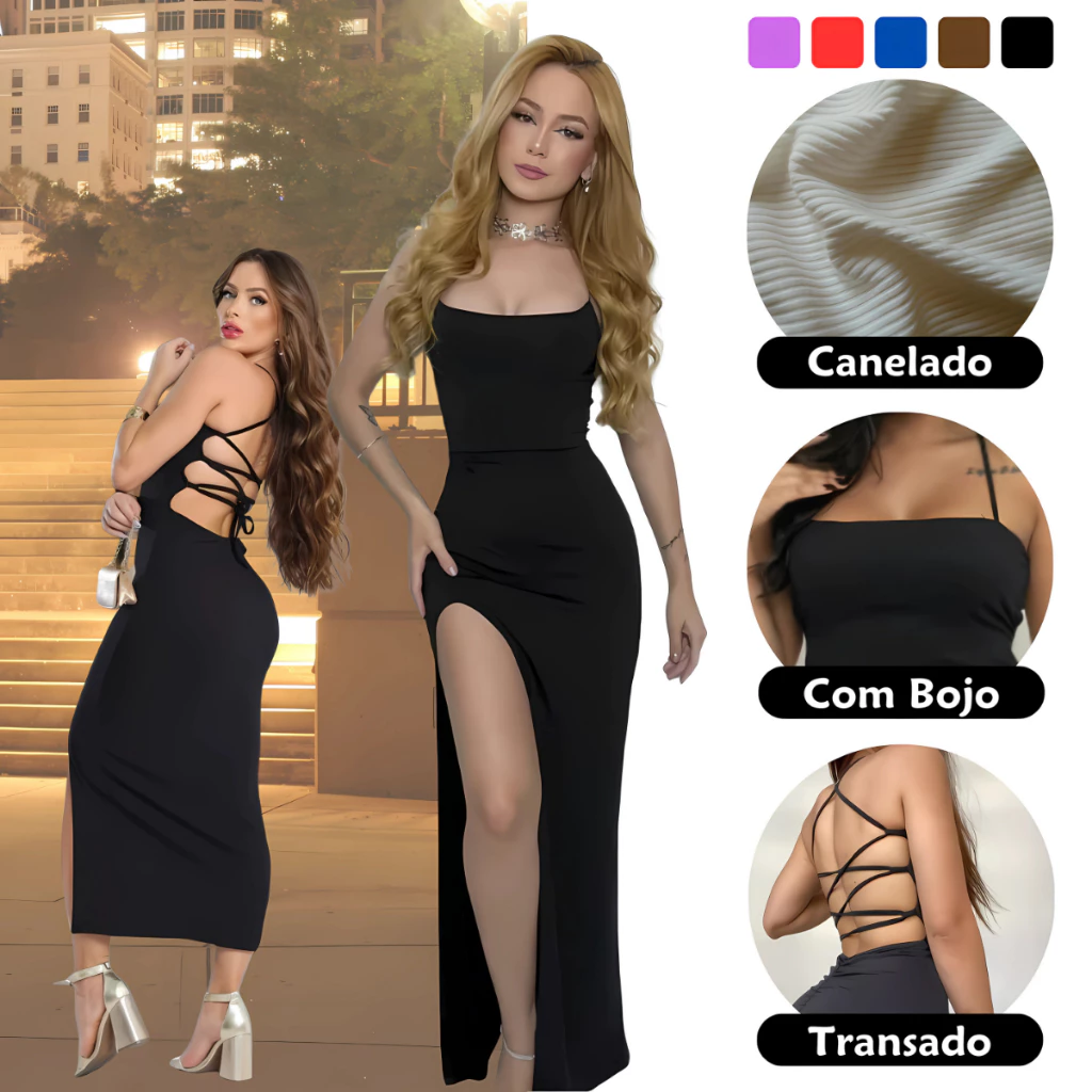 Vestido LONGO elegante com costas nuas trançadas Fenda Lateral Empina Bumbum Colado Novo — imagem 1