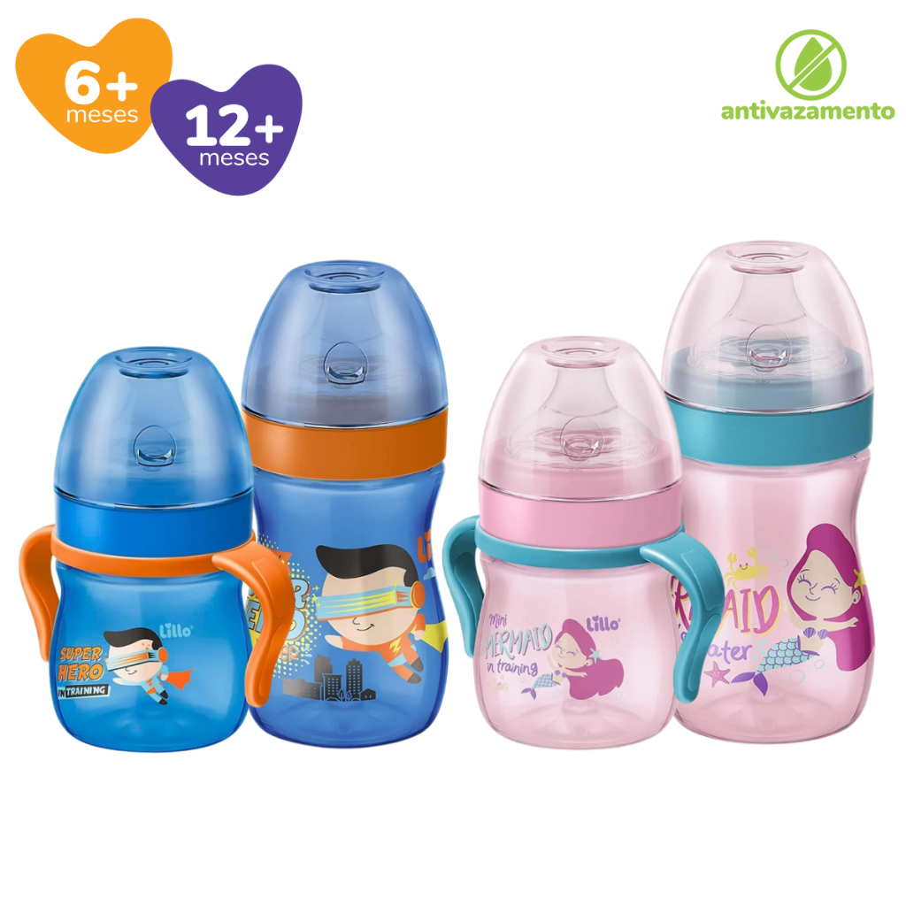 Kit Copos de Treinamento Transição Lillo Evolution 150/240 mL Antivazamento Bico Silicone Macio +6m