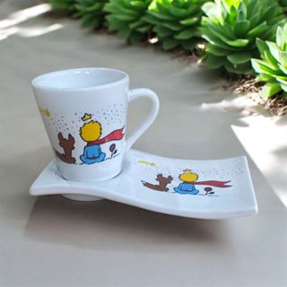 Kit Caneca Porcelana  E Pratinho Ondulado pequeno principe estrelas