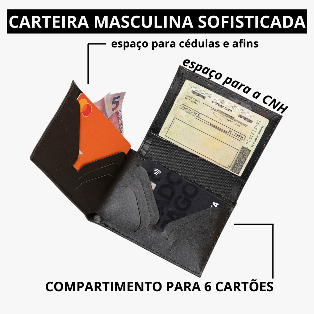 Carteira Masculina CNH, Cartões, Cédulas e Foto 3x4 Couro PU Premium em Oferta na Shopee
