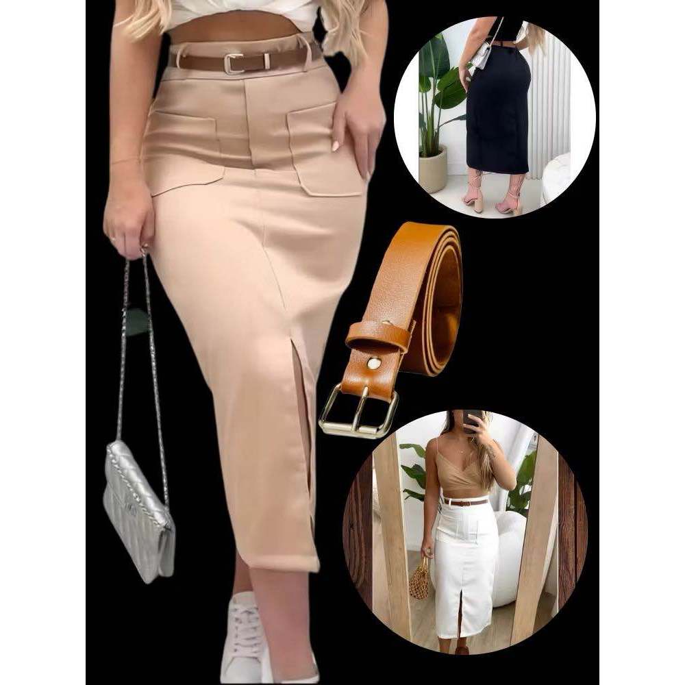 SAIA MÍDI ALFAIATARIA COM CINTO E BOLSOS PROMOÇÃO em Oferta na Shopee