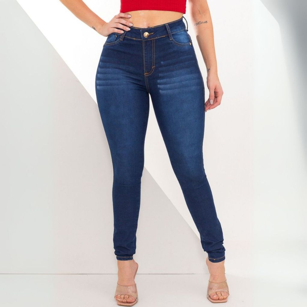 Calça Skinny Jeans Feminina Tex Jeans Elastano Confortável Lavagem Escura Detalhada