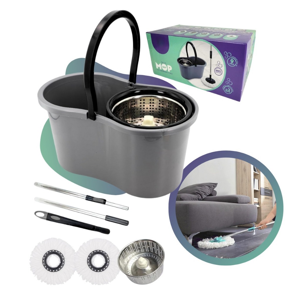 Mop Esfregão Giratório  Centrifuga Inox e Cabo Inox de Microfibra Rodo Mopi Limpeza Spin Lava e Seca em Oferta na Shopee