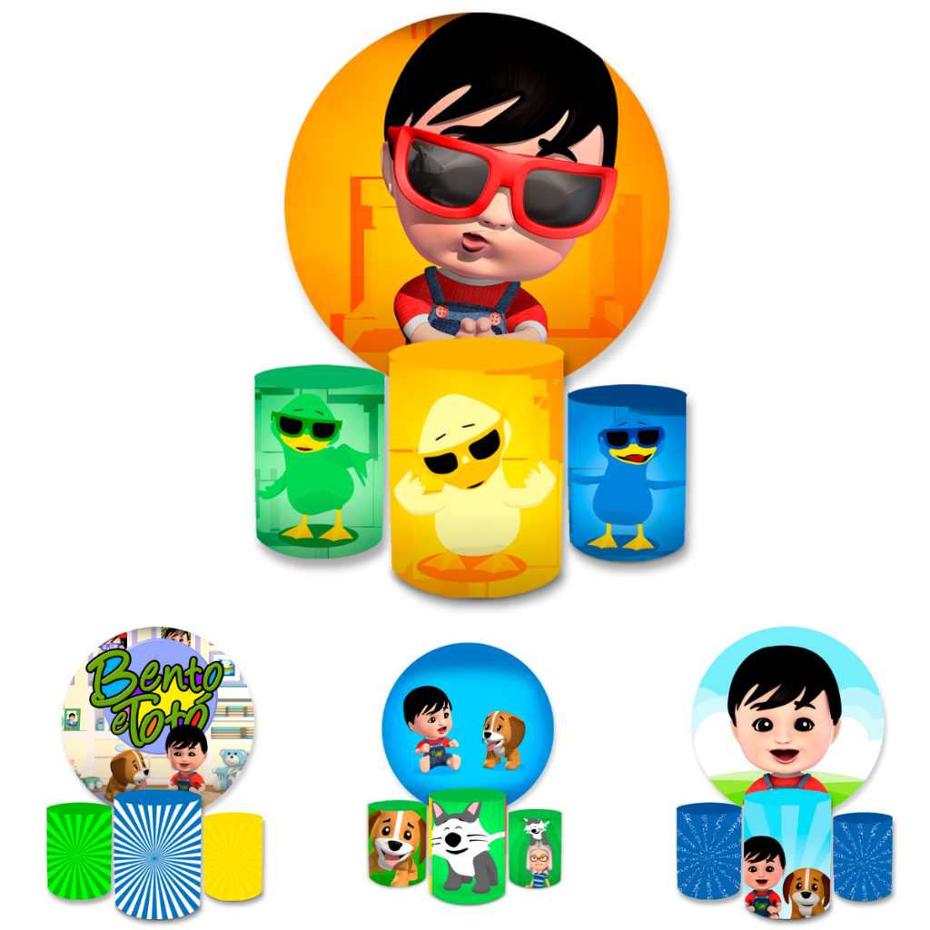 Capa Paineis de Festa Veste Fácil Redondo + Cilindros Sublimados Malha New Tema Bnto e Totó Decorativo Bibi Paineis