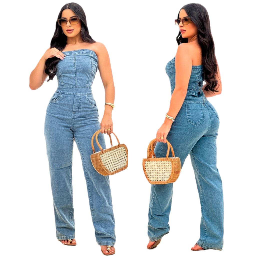 Macacão Jeans Feminino Longo Calça Com Elastano Tomara Que Caia