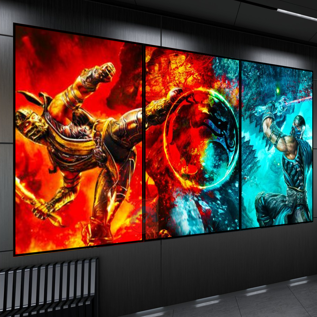 Kit 3 Quadros Decorativos Gamer Zone Para Sala Quarto Grande Espaço de Jogos Mortal Kombat Subi-Zero Scorpion