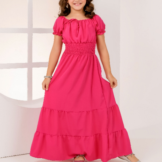 Vestido Juvenil Midi  de Menina Pink Três Maria Longo Rosa Com babado Moda Evangélica festa em Oferta na Shopee