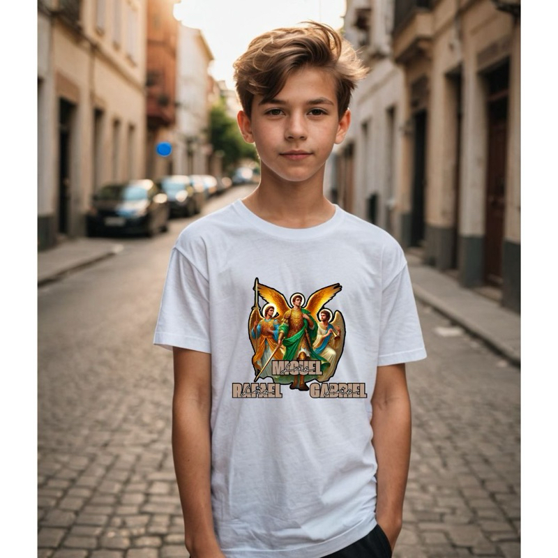 Camiseta T-shirt Algodão Unissex Arcanjos São Miguel São Rafael São Gabriel Anjos da Guarda - Infantil, Adulto e Plus