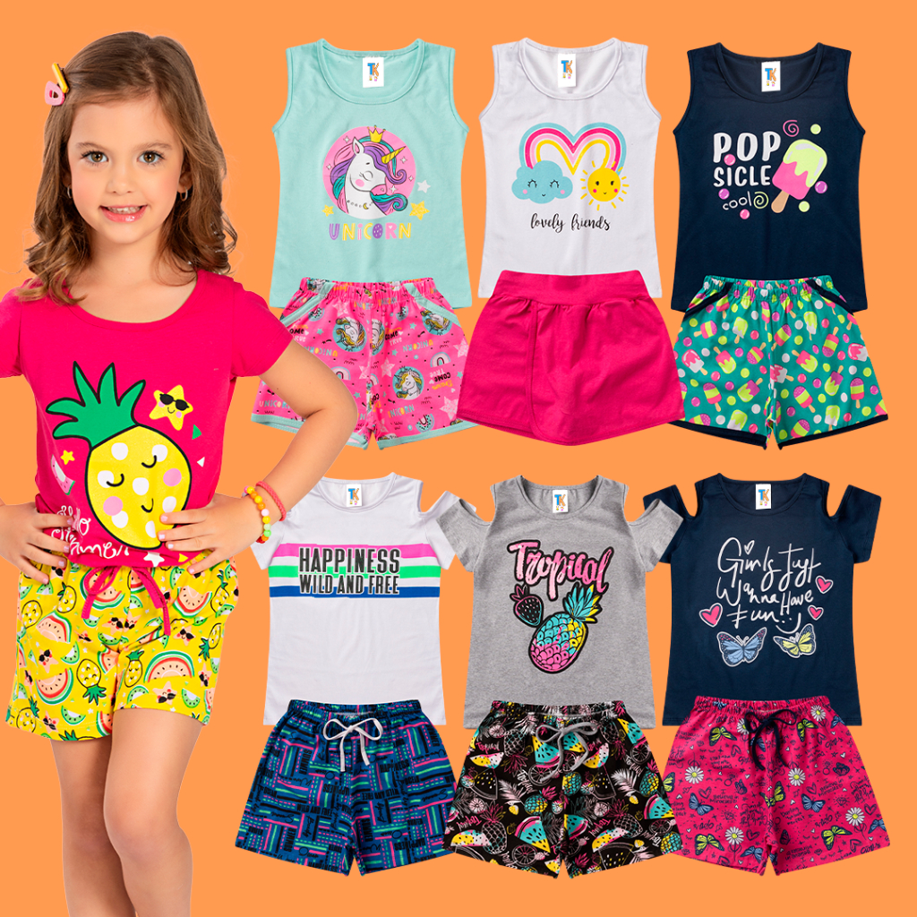 Kit 6 Peças Infantil | 3 Conjuntos Short Blusa Menina Feminino Estampado | Promoção