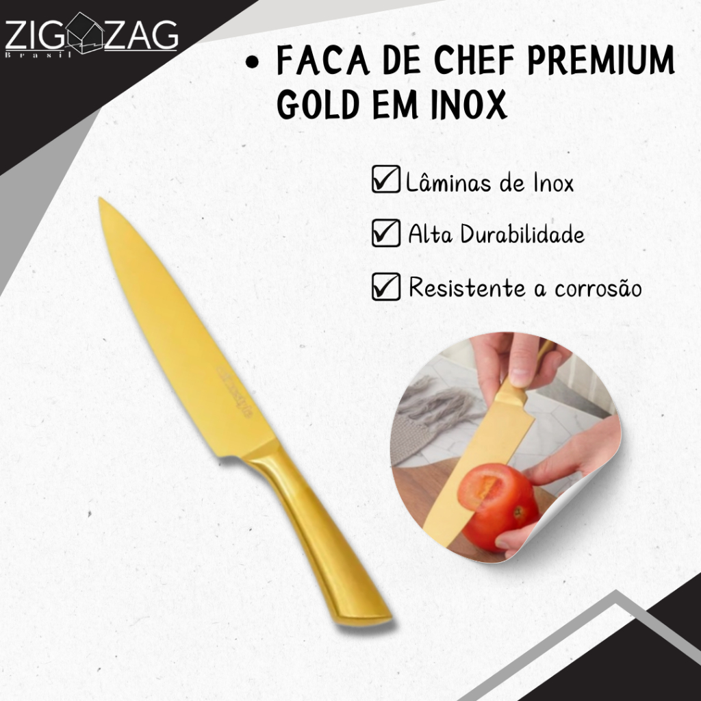 Faca de Chef Premium em Inox, Dourada | Lâmina Afiada, Faca para Legumes em Oferta na Shopee