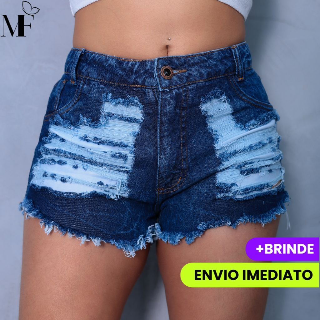 Short Jeans Curto Cintura Alta Destroyed Confortável 34 ao 44 Justo Casual