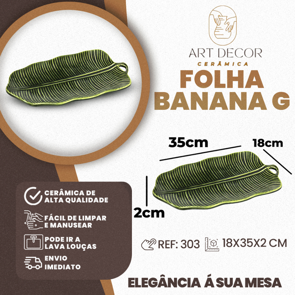 Bandeja Folha Banana Grande Cerâmica Louça Cozinha Decoração