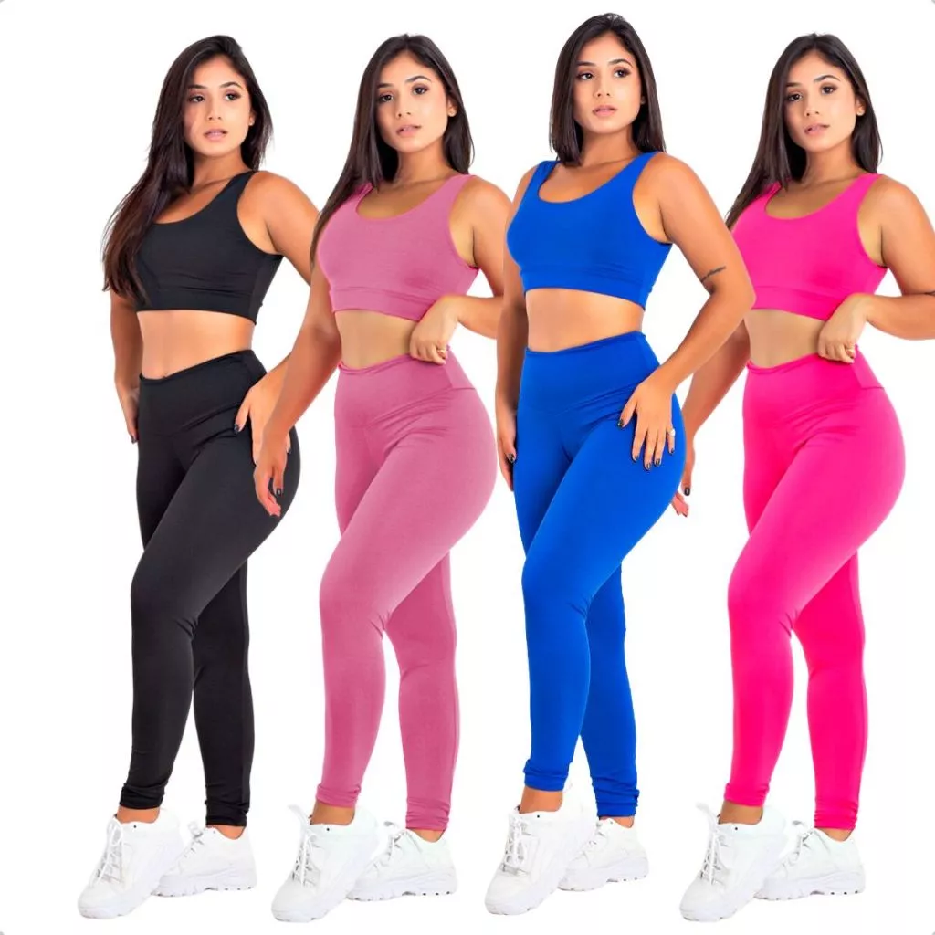 Kit 4 Conjuntos Academia Top Suplex Cropped Calça Legging Cintura Alta Conforto Fitness Malhar