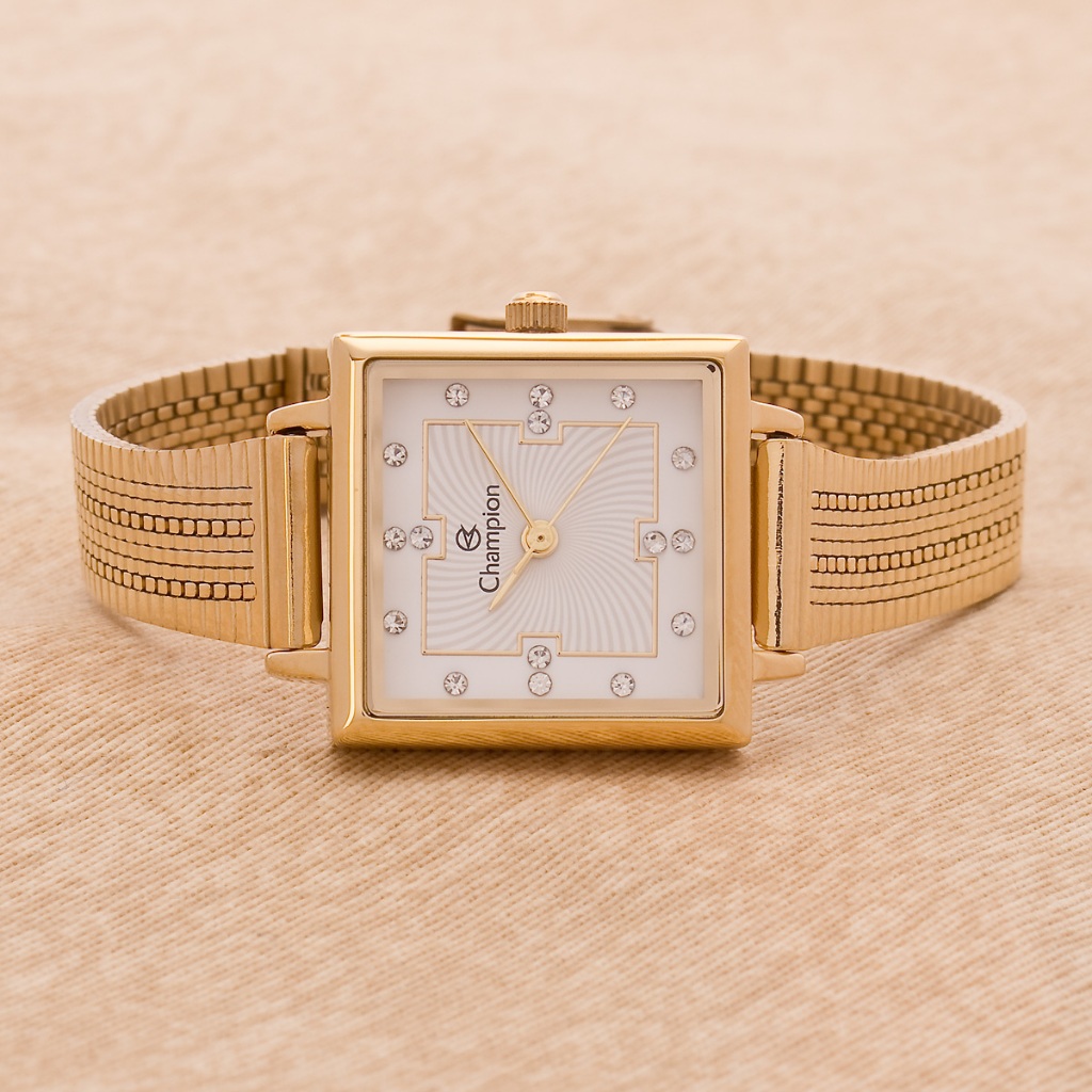 Relógio Feminino Dourado Pequeno Champion Quadrado Original CF24180H