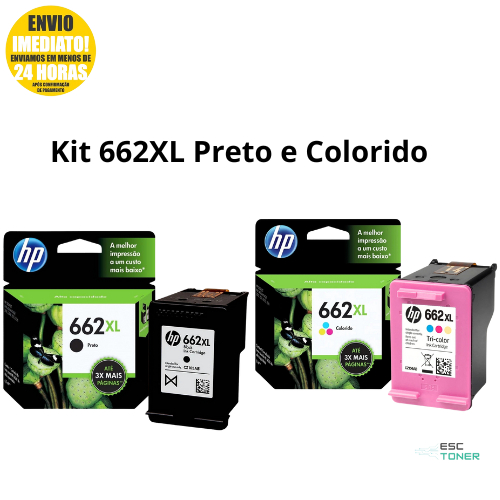 Kit Cartuchos 662XL Preto E Colorido Para Impressoras DeskJet 2516, 3516, 3546, 2546, 1516, 4646,