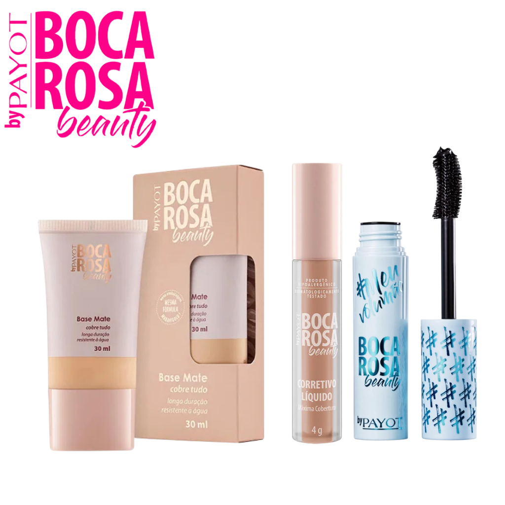 Base liquida, Corretivo Liquido Facial + Máscara de Cílios Boca Rosa Kit Maquiagem By Payot
