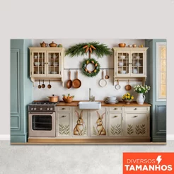 Fundo Fotográfico Páscoa Cenário Cozinha Painel Em Tecido Sublimado para Foto