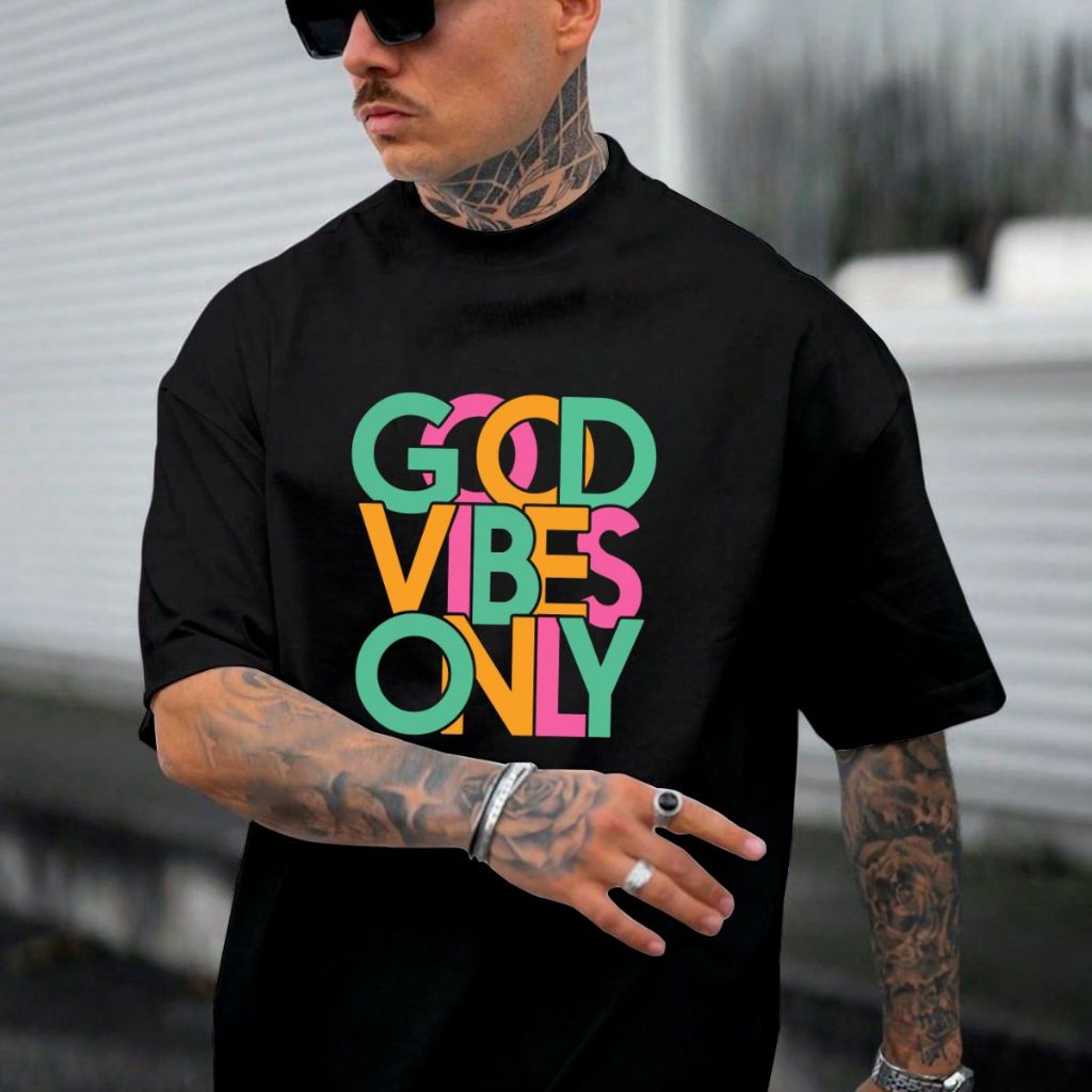 Camiseta Oversized Masculina Good Vibes Only Colorido Tendencia Streetwear Moda Confortavel