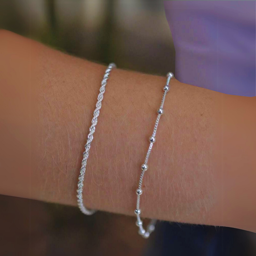 Kit 2 Pulseiras Anti Alérgicas Feminina Cordão Baiano e Veneziana Bolinhas Folheado Prata 925 Acessórios Femininos