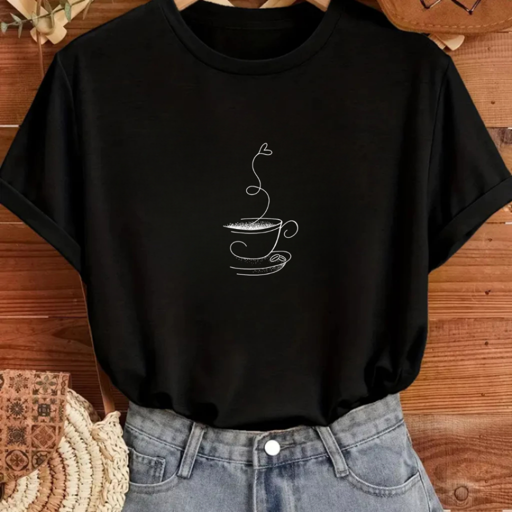 Camiseta Femnina Estampada Café 100% Algodão Envio Ja em Oferta na Shopee