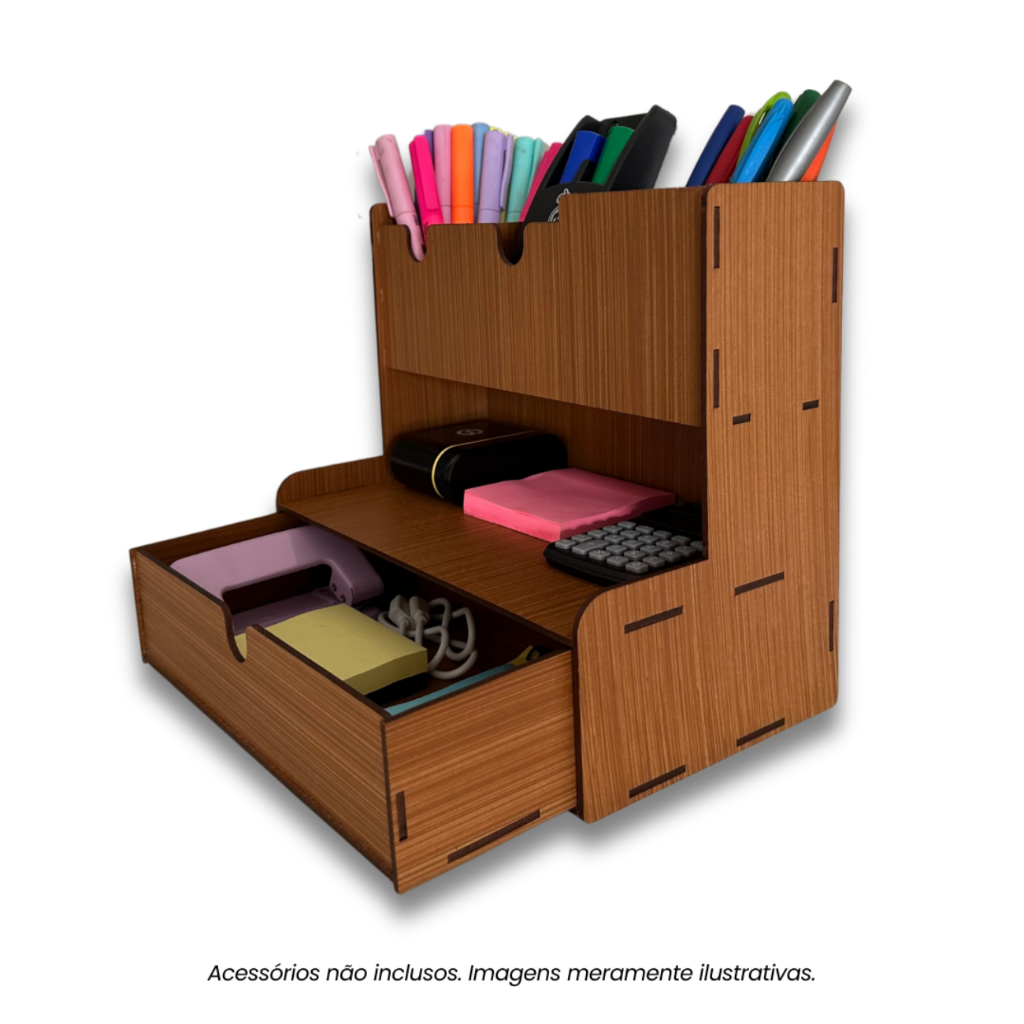 Kit 1, 2 ou 3 Organizadores Mesa Porta Lapis Madeira Tabaco – Porta Treco Escritório Home Office