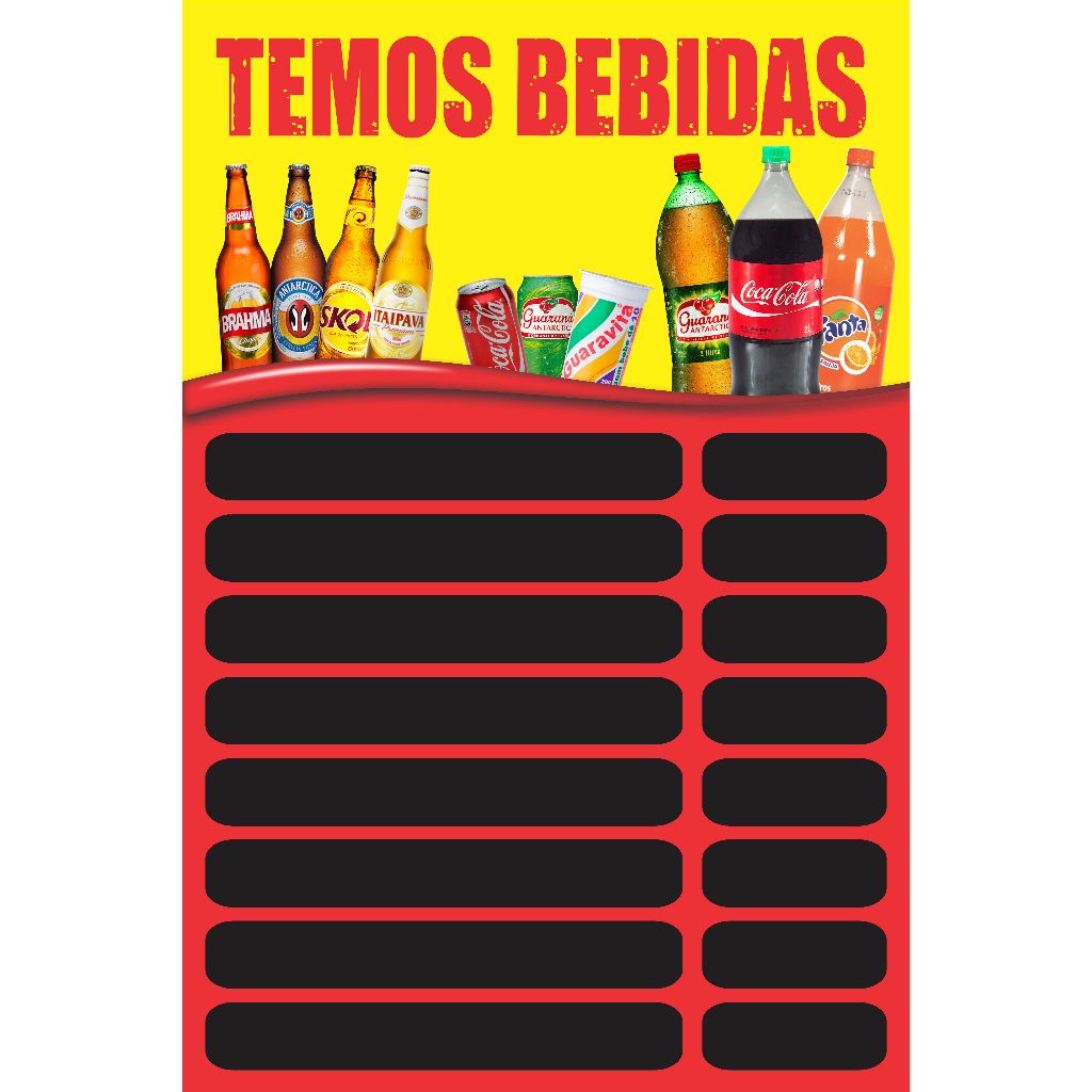 BANNER ARTE PRONTA - TEMOS BEBIDAS ESPAÇO PREÇO AMARELO E VERMELHO