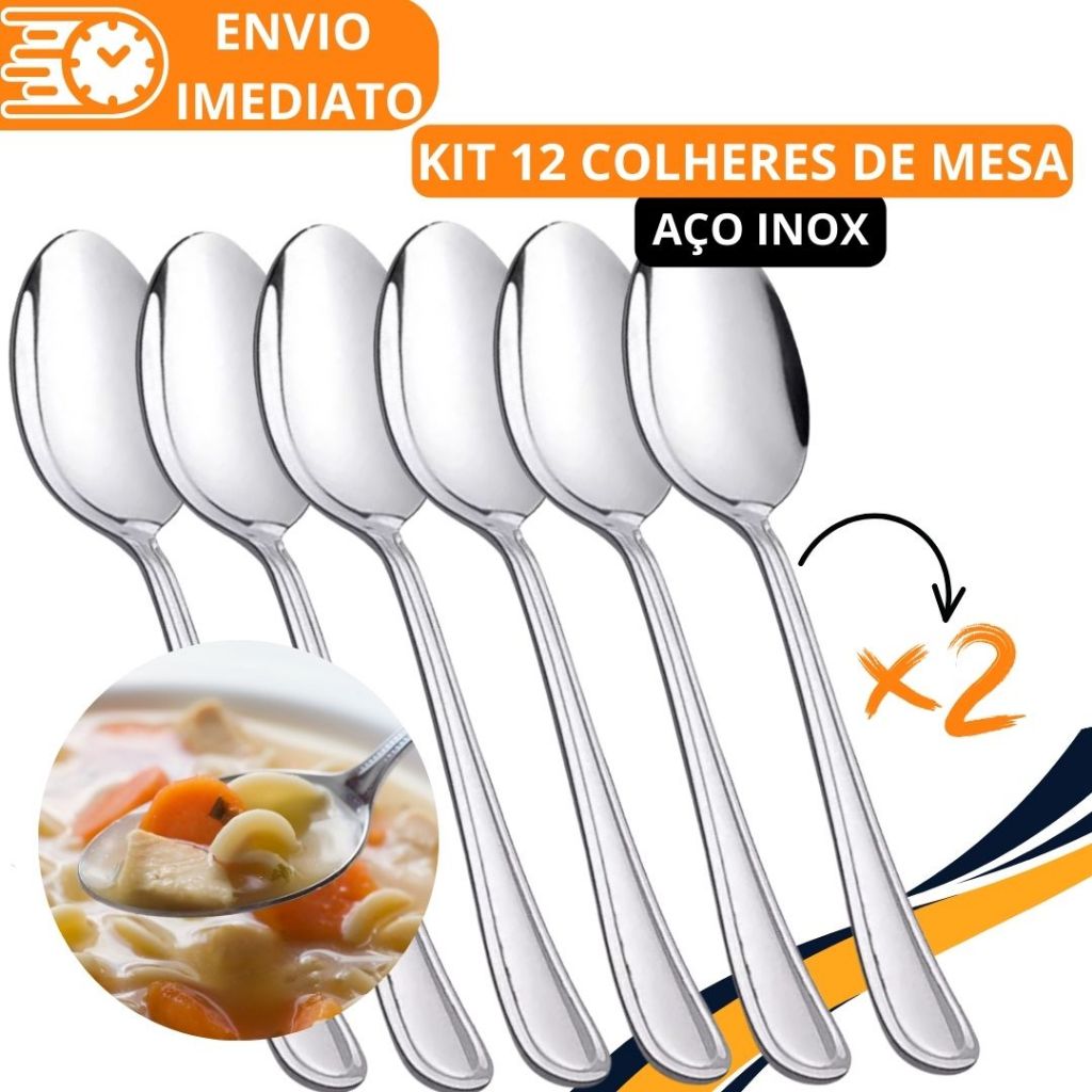 KIT 12 Colher de Mesa GRANDE Talher Aço Inox Refinada Sopa Arroz Caldinho Para Casa Cozinha Bar Restaurante Buffet