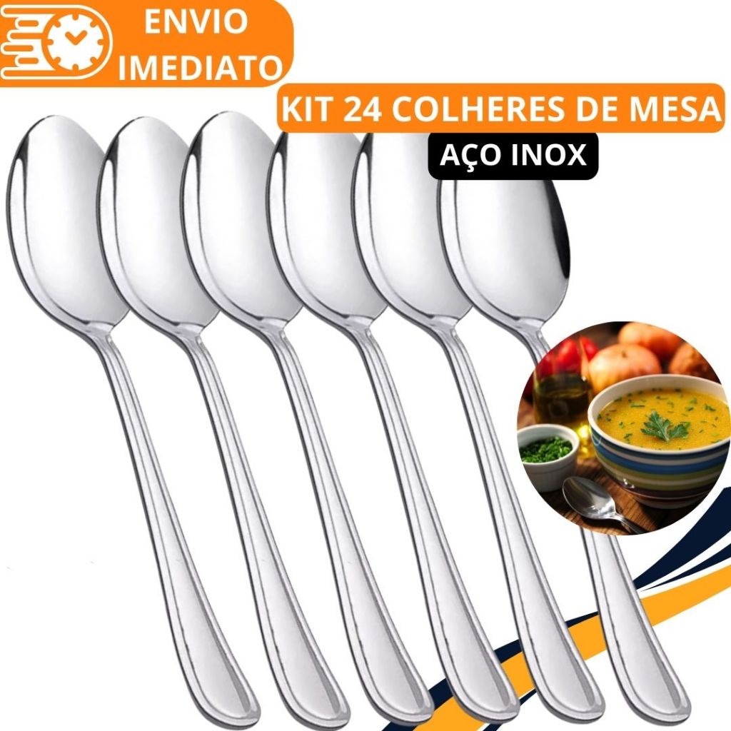 KIT 24 Colher de Mesa GRANDE Talher Aço Inox Refinada Sopa Arroz Caldinho Para Casa Cozinha Bar Restaurante Buffet