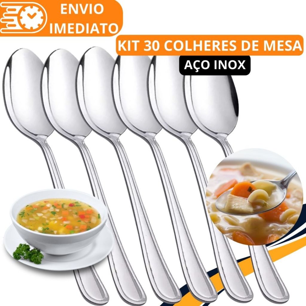 KIT 30 Colher de Mesa GRANDE Talher Aço Inox Refinada Sopa Arroz Caldinho Para Casa Cozinha Bar Restaurante Buffet