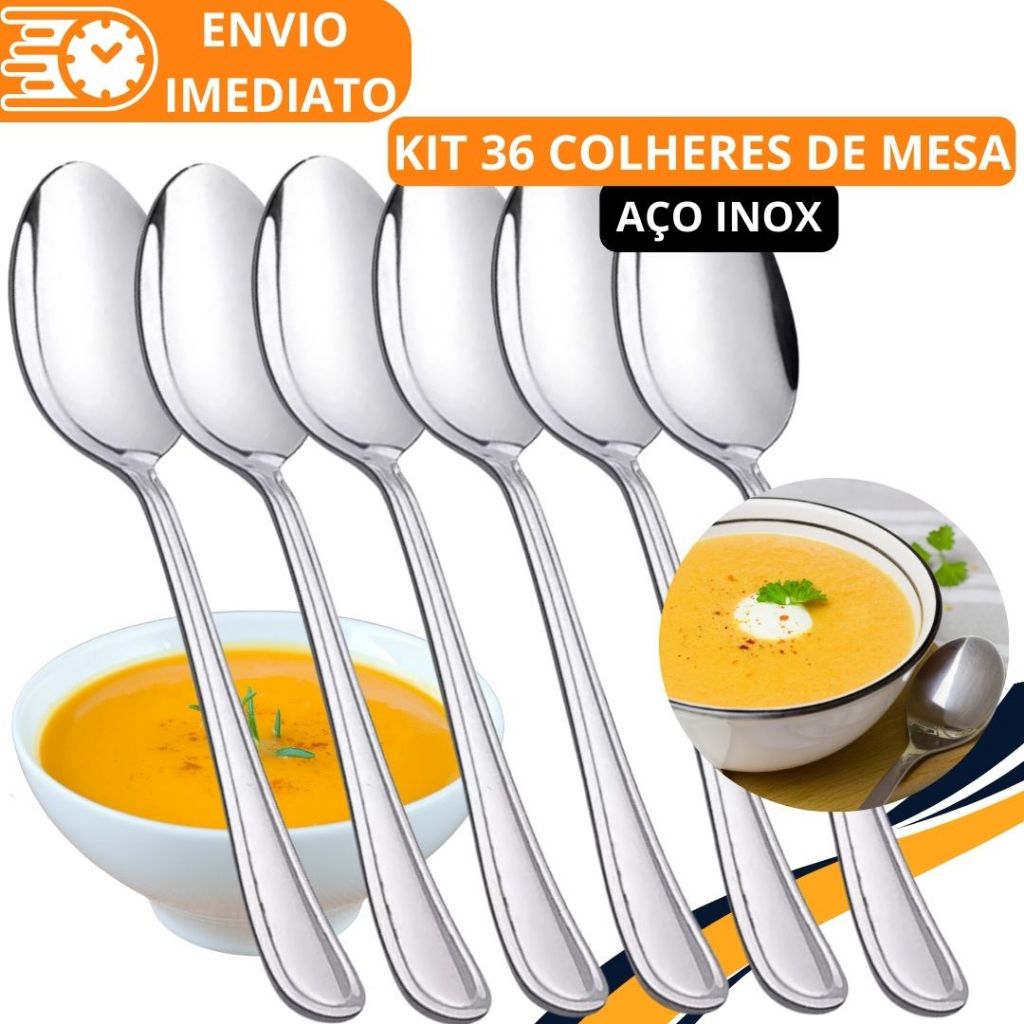 KIT 36 Colher de Mesa GRANDE Talher Aço Inox Refinada Sopa Arroz Caldinho Para Casa Cozinha Bar Restaurante Buffet