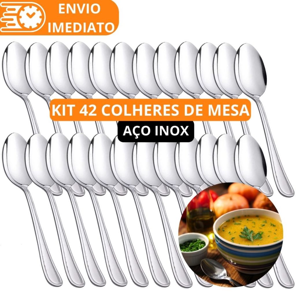 KIT 42 Colher de Mesa GRANDE Talher Aço Inox Refinada Sopa Arroz Caldinho Para Casa Cozinha Bar Restaurante Buffet