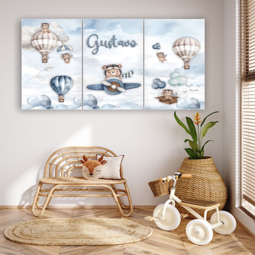 KIT 3 QUADROS URSO AVIADOR COM NOME PERSONALIZADO - MEDIDA 20X30 CADA - DECORAÇÃO QUARTO INFANTIL em Oferta na Shopee