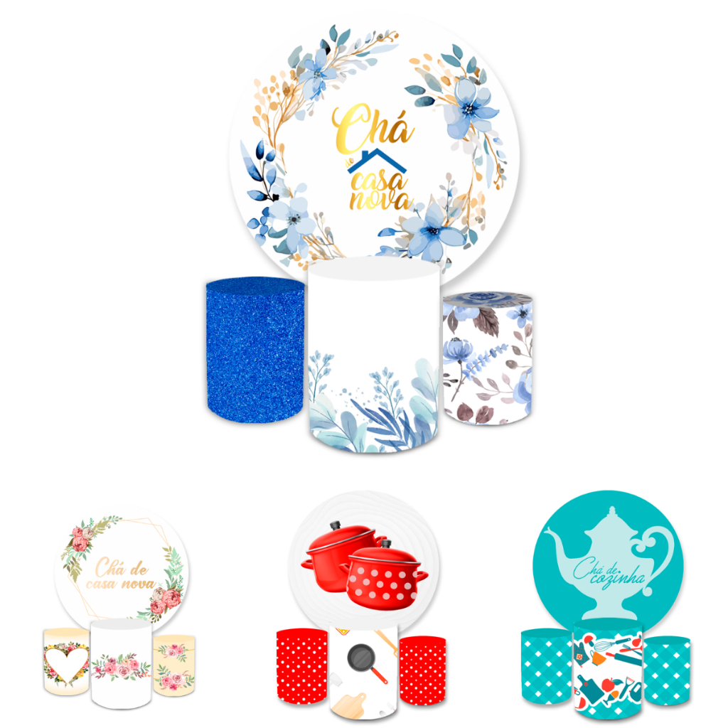 Capa Paineis de Festa Veste Fácil Redondo+ Cilindros Sublimados Malha New Tema Chá de Cozinha Decorativo Bibi Paineis