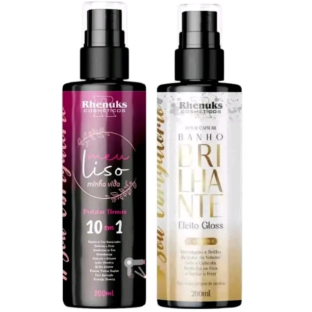 KIT SPRAY CAPILAR MEU LISO + BANHO BRILHANTE EFEITO GLOSS 200ML - RHENUKS em Oferta na Shopee