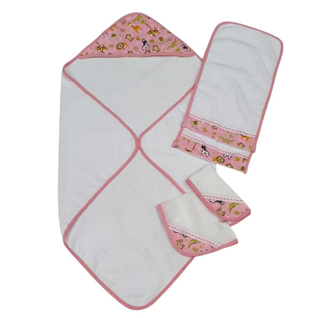 Toalha de Banho Bebê + 2 Toalhas de Ombro + 2 Fralda de Boca para Bebê 100% Algodão Estampada em Oferta na Shopee