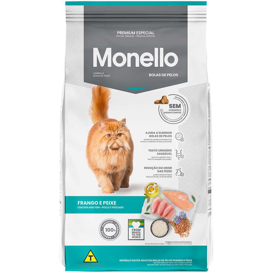 Ração Seca Monello Frango e Peixe Bolas de Pelos para Gatos Adultos 1KG