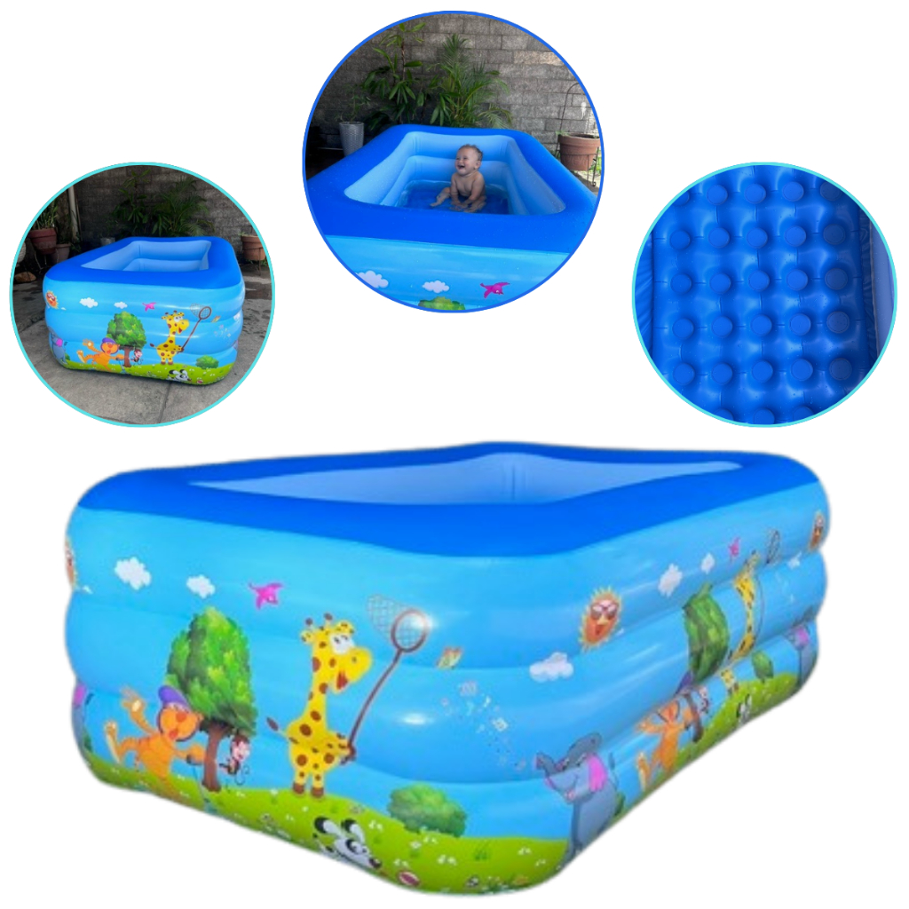 Piscina Inflável Retangular Infantil 3 Anéis 110cm ou 150cm | 150 ou 400 Litros Azul ou Rosa em Oferta na Shopee