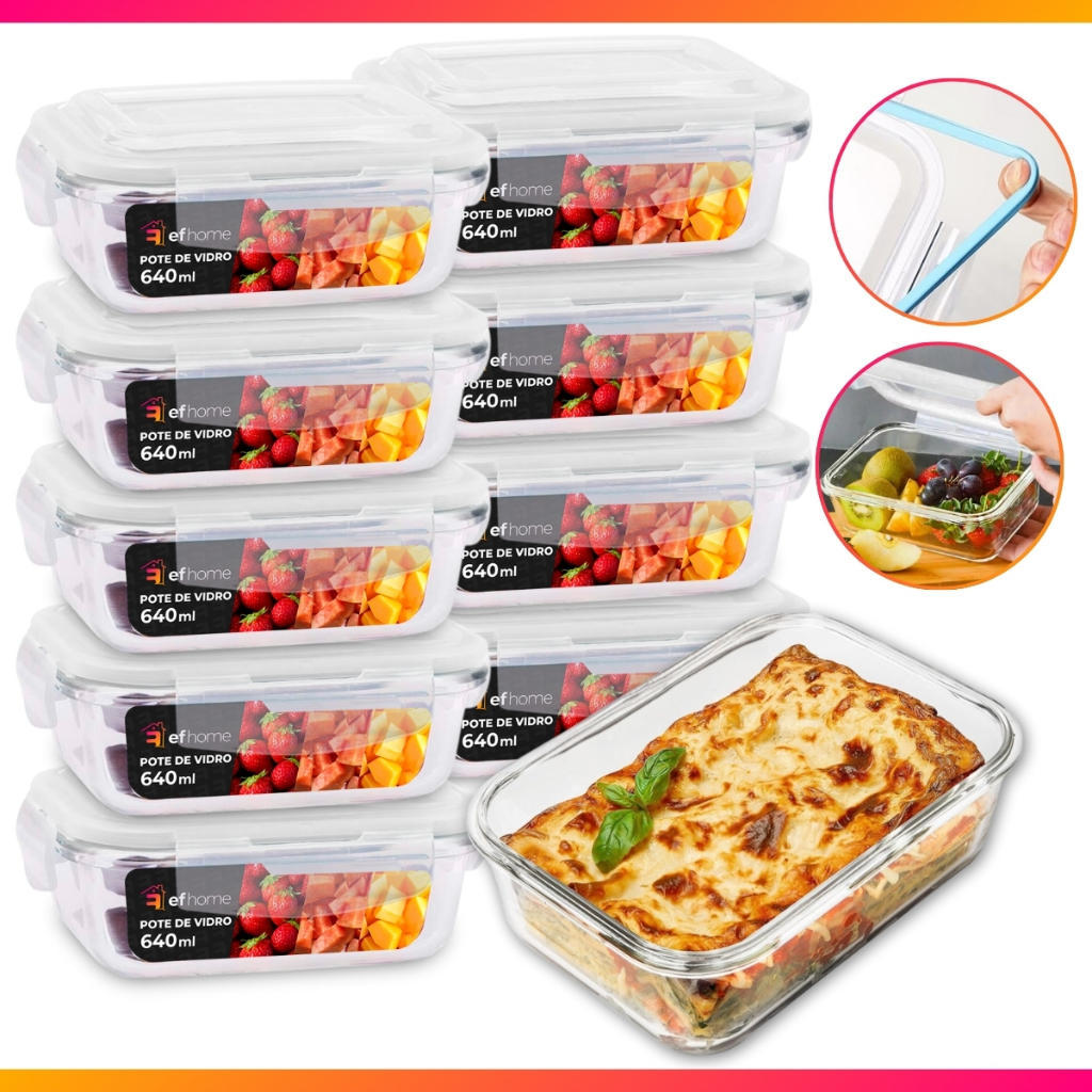 Imagem Jogo 2/4/5/6/8/10 Pote de Vidro Hermético Marmita Tampa 4 Travas 640ml