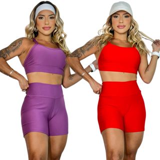Conjunto Short e Cropped Fitness Academia Cós Alto Cores em Oferta na Shopee