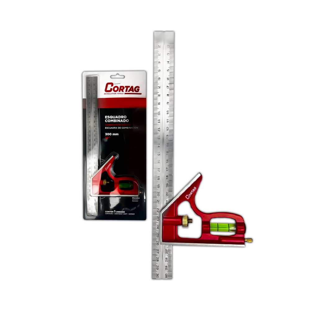 Esquadro Combinado Cortag 12" 300mm com Nível Alumínio Inox Medição Ângulo Profissional