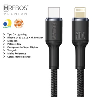 Cabo Compatível iPhone 14 13 12 11 X XR Pro Max iPad MacBook Tipo C Lightning Branco Preto 1m HRebos em Oferta na Shopee