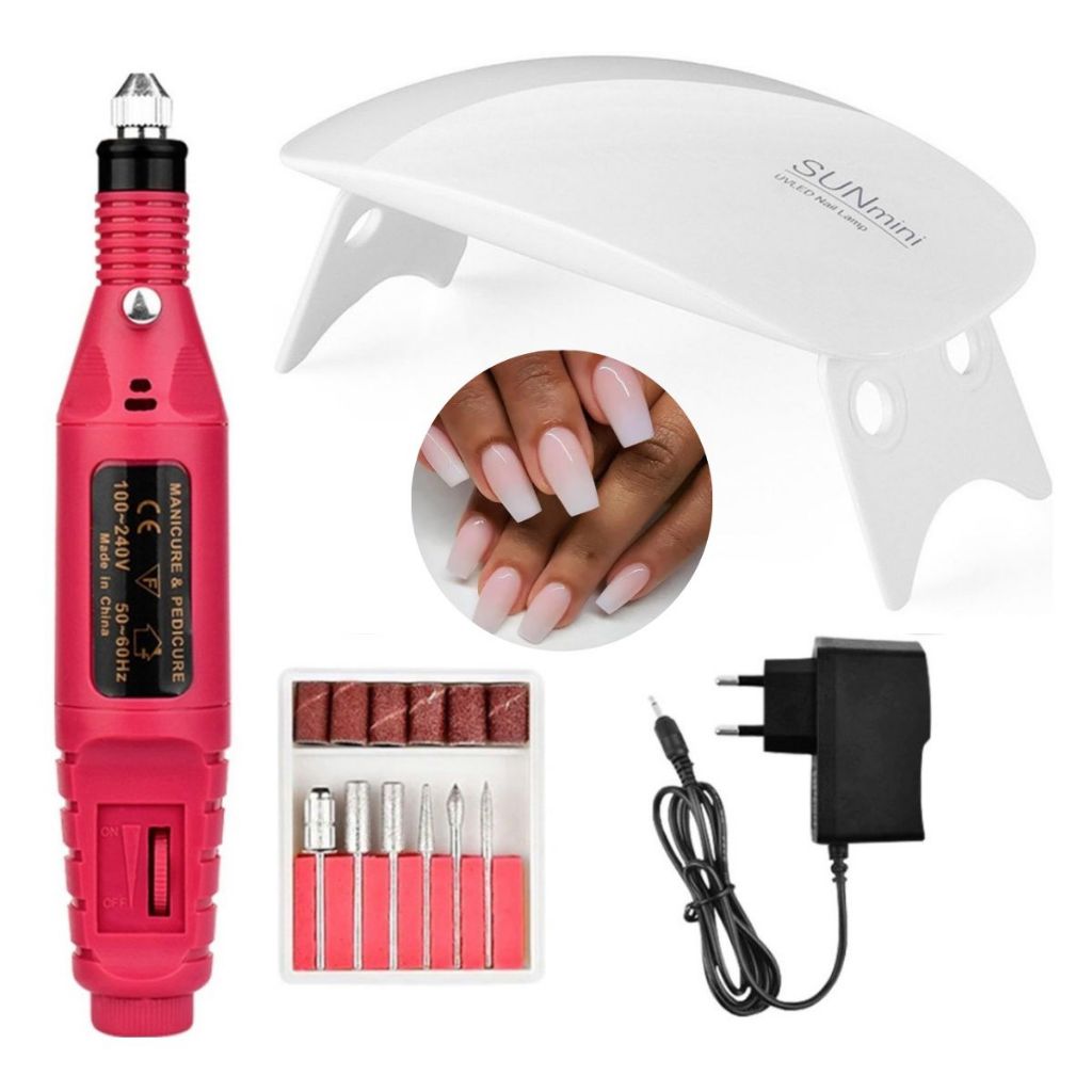 Kit Lixadeira e Mini Cabine UV LED Unha Gel Acrigel Manicure Alongamento