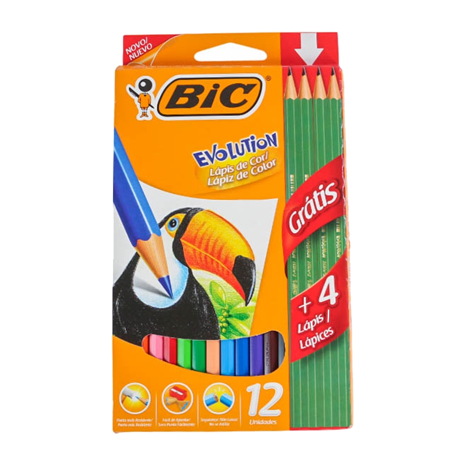 Lápis de Cor 12 Cores Com 4 Lápis Grafite BIC Evolution